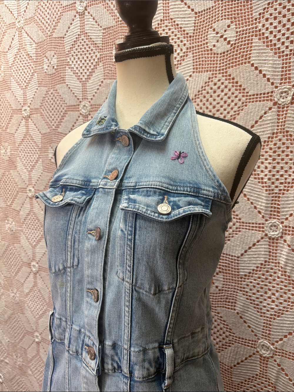Embroidered Denim Halter Mini Dress Backless Button Front - Picture 2 of 8